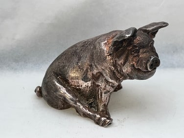 Sterling Silver Sitting Pig Figure TW 200g - Sterling Silver Hallmarked w/ Sticker - 4'' x 2.75''