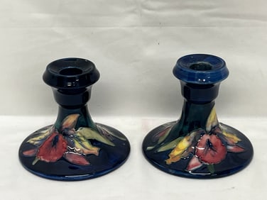 Pr Moorcroft MCM Blue Orchid Candlesticks 4'' x 3'' - Potter to the Queen Mary Sticker + Stamped