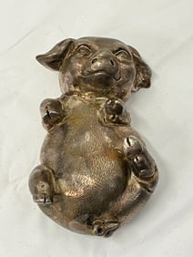 Sterling Silver Pig Laying on Back Figure, TW 312g - Sterling Silver Hallmarked & Sticker - 4.5'' x