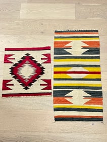 (2)Navajo Woven Rug / Tapestries - Red 18.5'' x 19.5'' , Yellow / Red / Grey / Orange 18'' x 36''