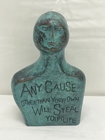 Robert William Hinds Signed Bronze Sculpture 4'' x 6.5'' - Saying on Figure 'Any Cause Other Than
