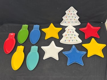 12pcs Fiesta Ware Pottery Star, Bulb, Tree Plates - (2)Christmas Tree Bulb Plates 8.75'' x 10'',