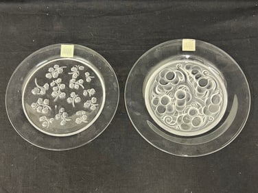 (2)Lalique Crystal Plates w/ Stickers - (1)Heavy Frosted Middle Design 9.25'' + (1)Muguel ''Lily of