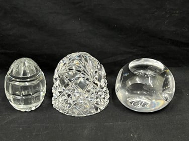 (3)Glass Paperweights, 1 is White Friars - Queen Elizabeth 25th Wedding #251, Egg Shape + Faucted
