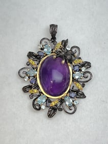 Large Gothic Est. 40ct Amethyst Aquamarine Pendant - Sterling Silver w/ 14K Gold Accent - From San