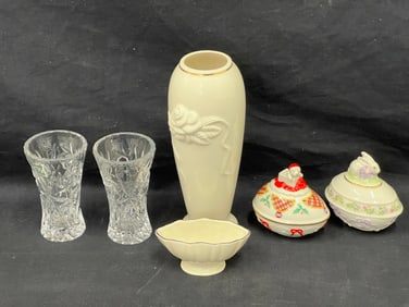 Asst Lenox- Fine China + Crystal Bud Vase - Fine China Vase w/ Rose Design 8''T, Limited Ed. Holiday