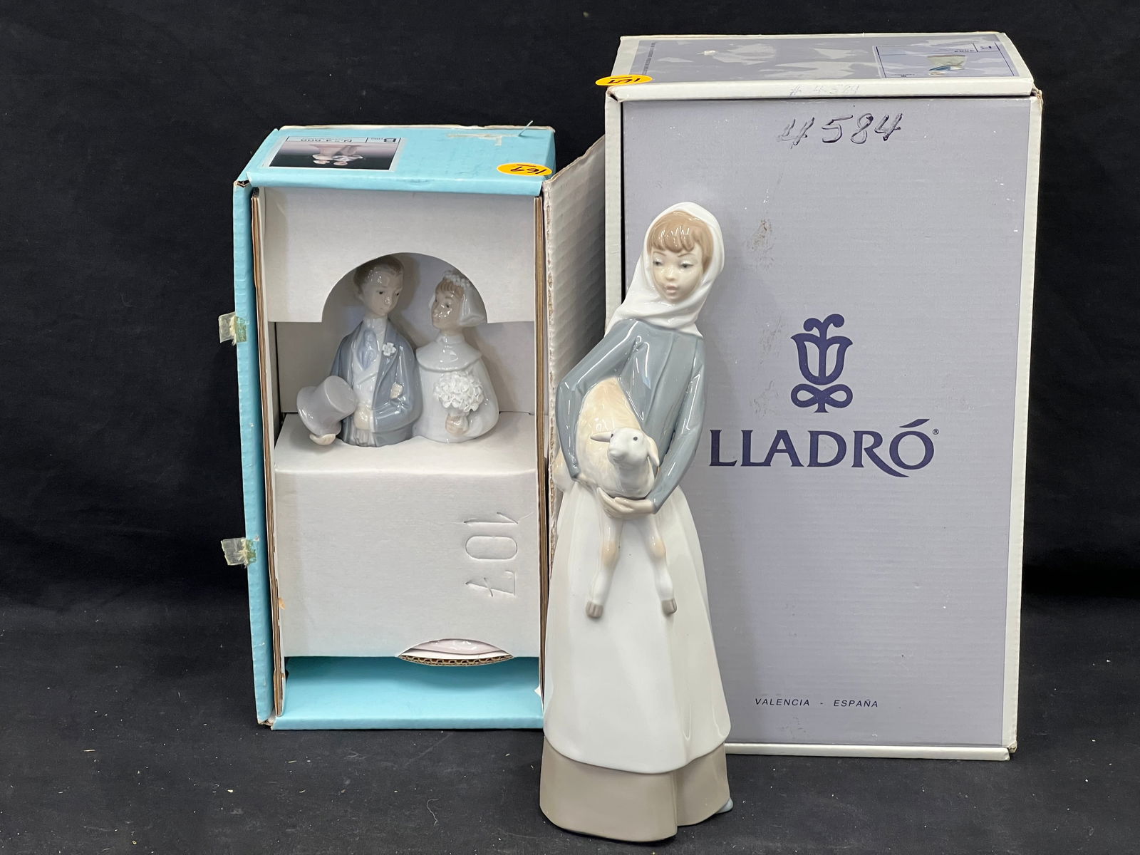 (2)Lladro Figures - Bride & Groom, Girl w/ Lamb - Bride Groom #4584 + Girl w/ Lamb #4808 , Both w/ (1 of 7)