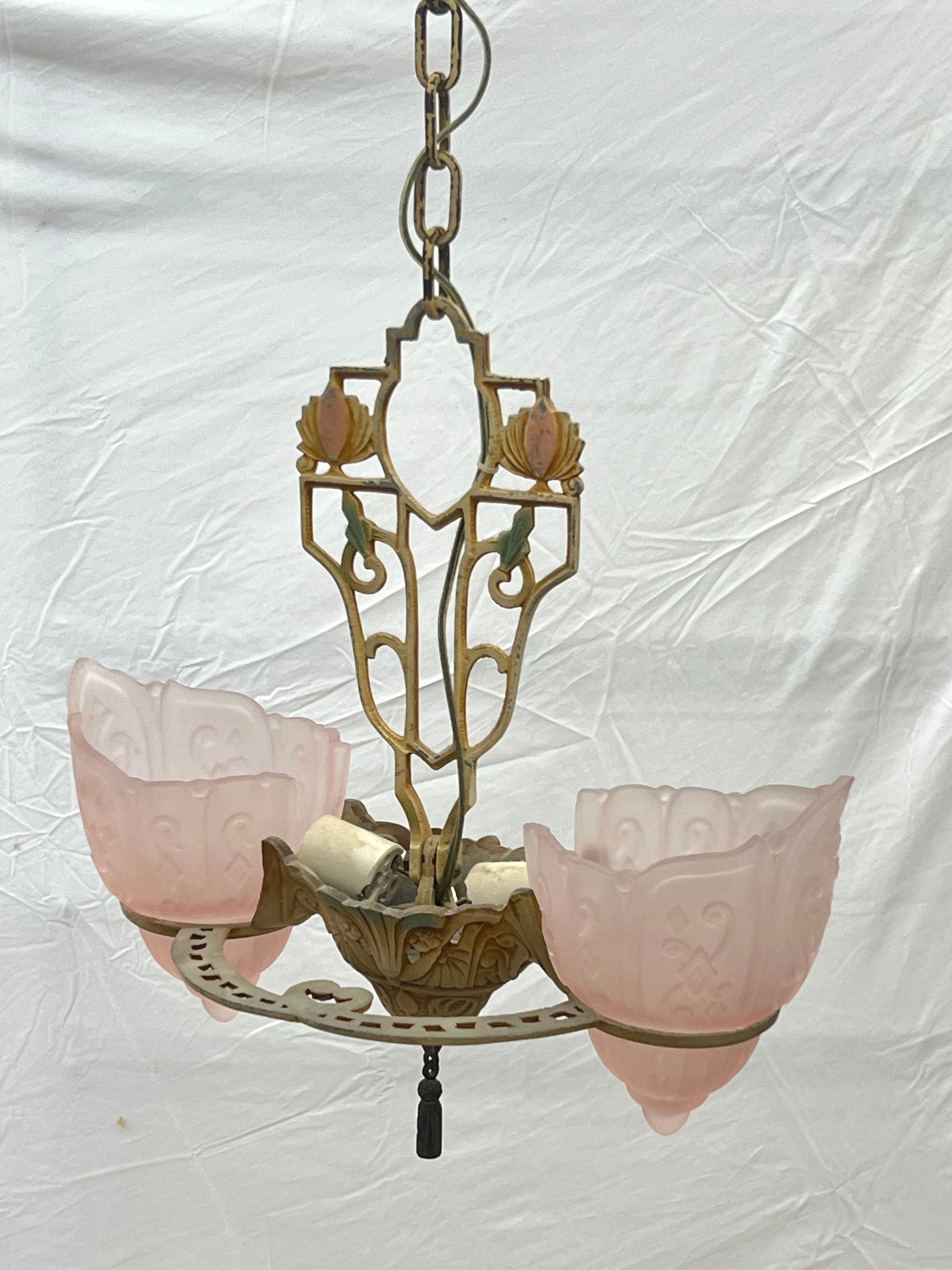 Art Deco Hanging Lamp w/ Rose Glass Shades - Painted Metal Art Deco Lamp from 1920s - Monterey Bay (1 of 7)
