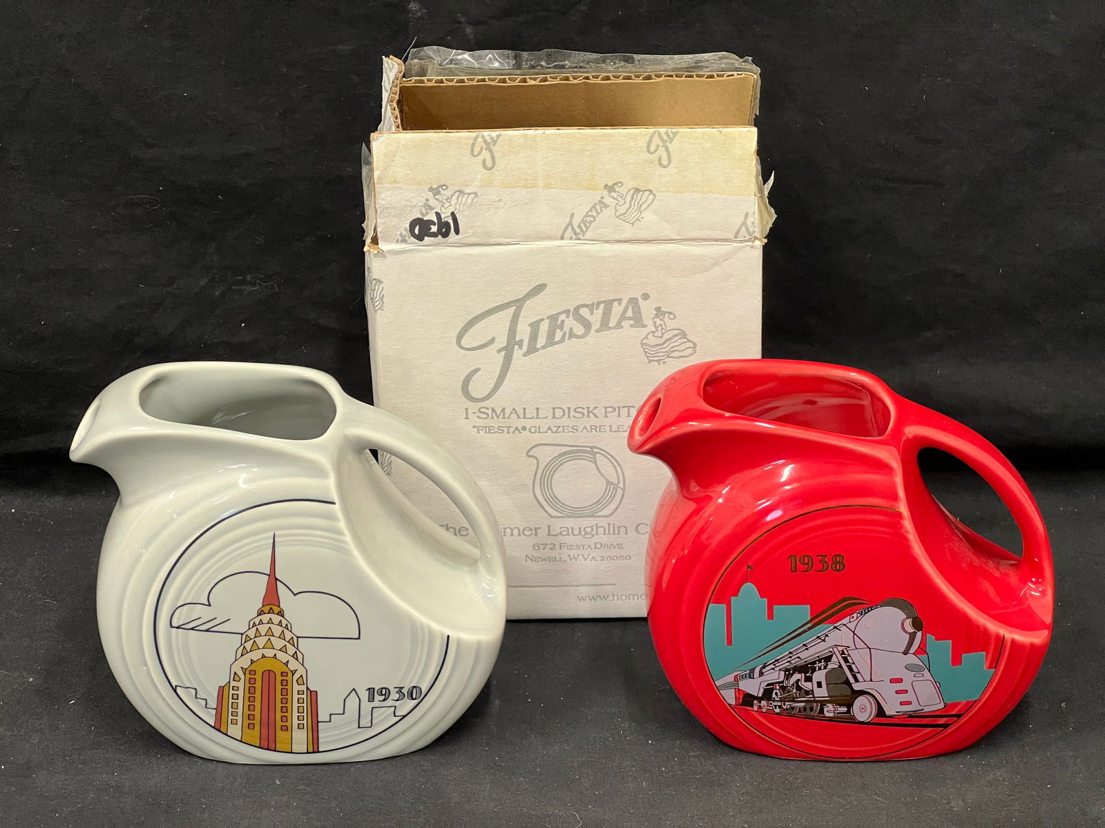 (2)Fiesta Ware Disk Pitchers NY Central Train + Chrysler - (2)Small Disk Juice Pitchers - 1930 (1 of 4)