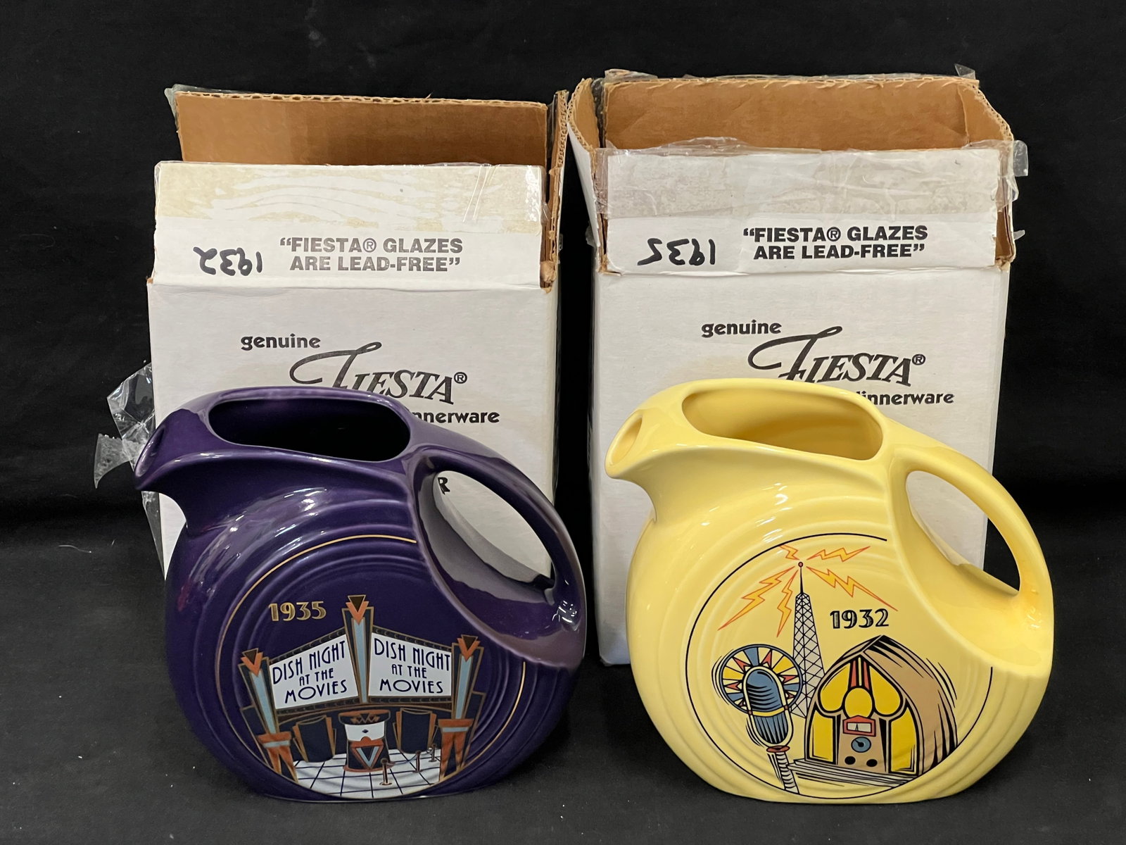 (2)Fiesta Ware Disk Juice Pitchers 1932-1935 w/ Boxes - 1932 Golden Age of Radio HLCCA + 1935 Dish: (2)Fiesta Ware Disk Juice Pitchers 1932-1935 w/ Boxes - 1932 Golden Age of Radio HLCCA + 1935 Dish Night At The Movies