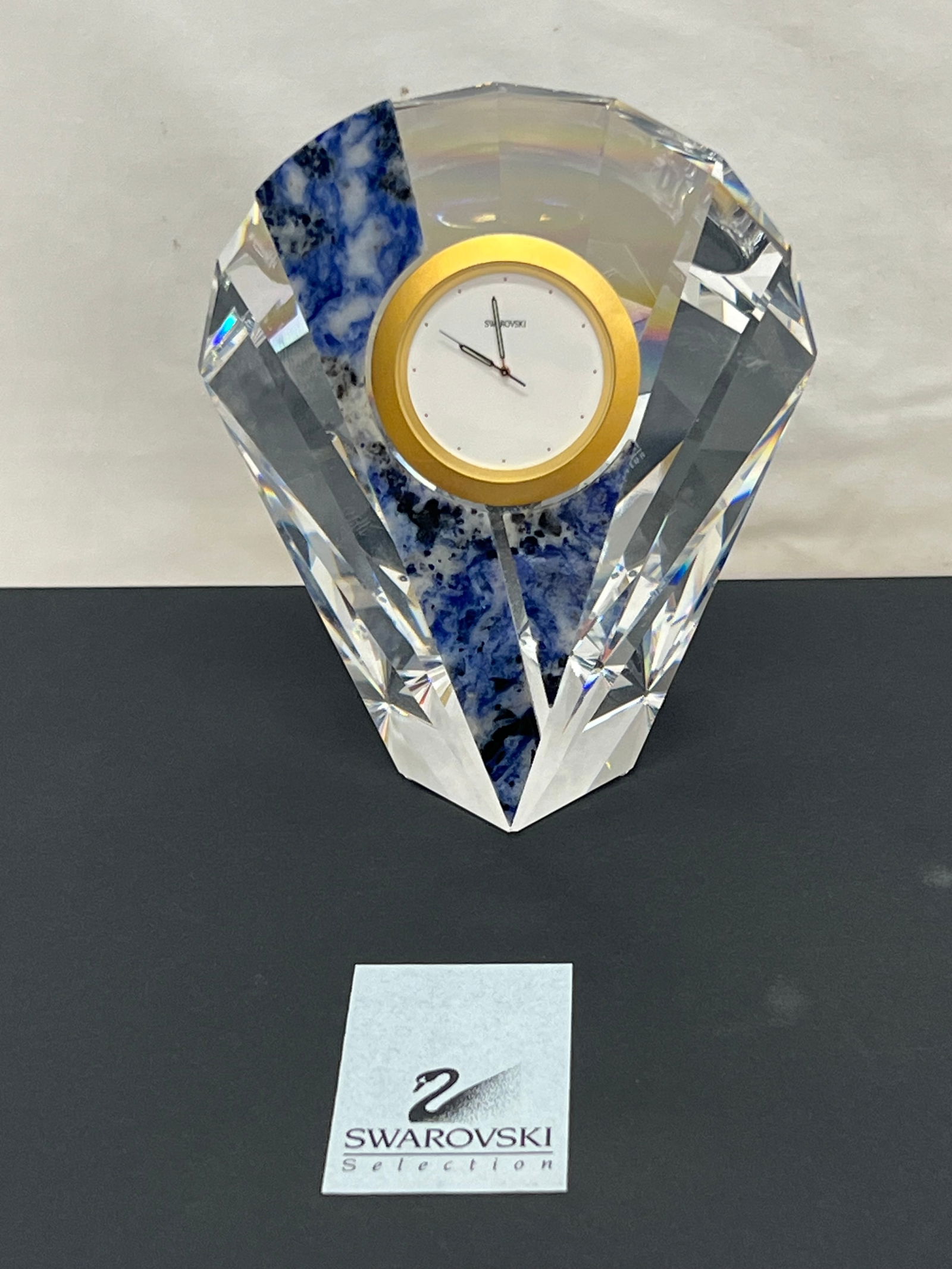 Signed Swarovski Crystal Curacao Clock, 4.5'' x 3.75'' x 3''- Designer Edith Mair Clock w/ Blue (1 of 5)