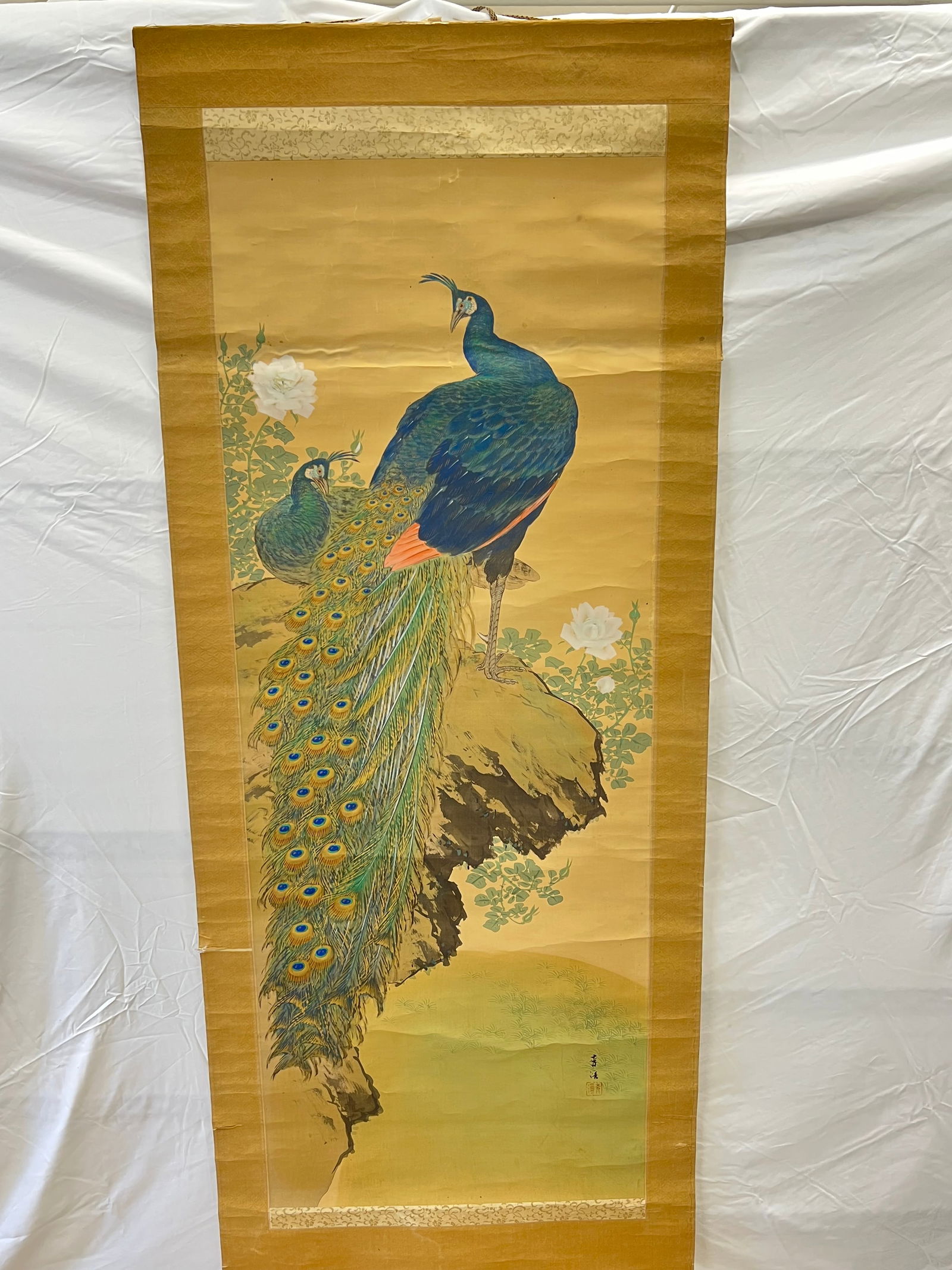 Painted Chinese / Asian Peacock Scroll, Chopmarks - Painting on Silk 25'' x 68'' (1 of 5)