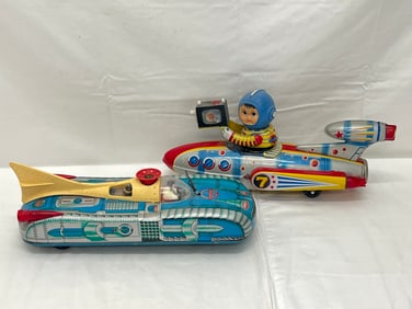 (2)Vintage Battery Operated Tin Toy Space Cars - Universe Televiboat + Hungarian Tin Space Car