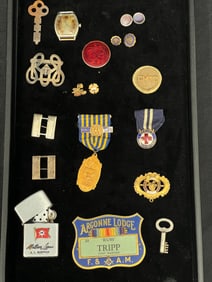 Tray Lot- Vtg Masonic Pins, Matson Lines Lighter,More - Moose Lodge Pin, Sojourners Heroes of 76