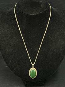 14K gold Vintage Jade Pendant w/ 14K Necklace 17''L - Pendant .75'' x 1.5'', TW 8.73g - From San