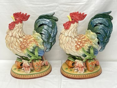Pr Fitz & Floyd Porcelain Roosters 8'' x 13'' x 16'' - Hallmarked on Bottom
