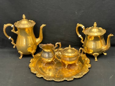 International Silver Co Gold Plated Coffee/ Tea Set - 13'' Platter, Coffee + Tea Pitcher, Sugar