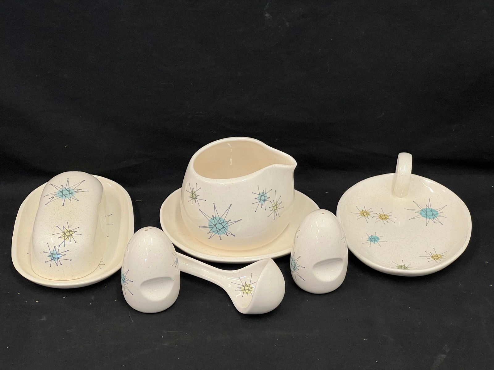 MCM Franciscan Atomic Starburst China - Covered Butter Dish, Salt Pepper, Gravy w/ Ladle, Jelly / (1 of 8)