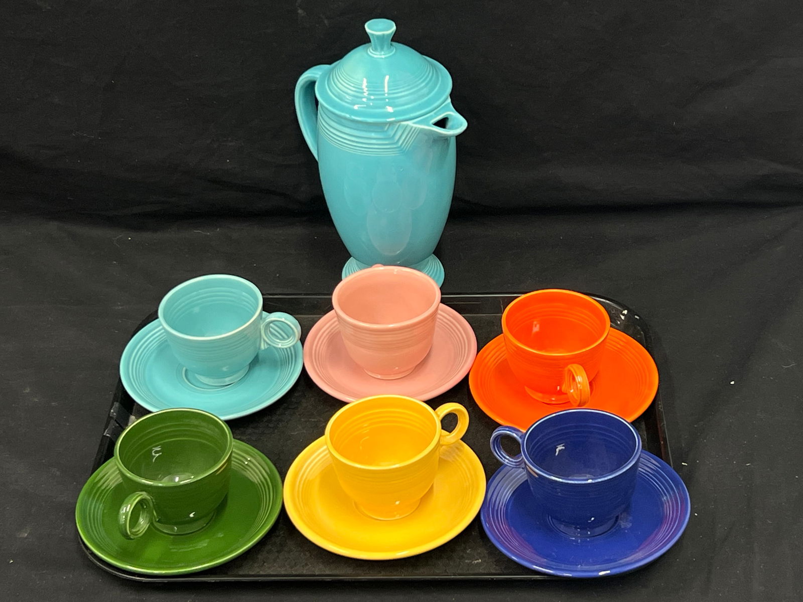 Vintage Fiesta Ware Coffee & (6)Cups w/ Saucers - Asst Color Saucers Cups + 1937-59 Turquoise Coffee (1 of 6)