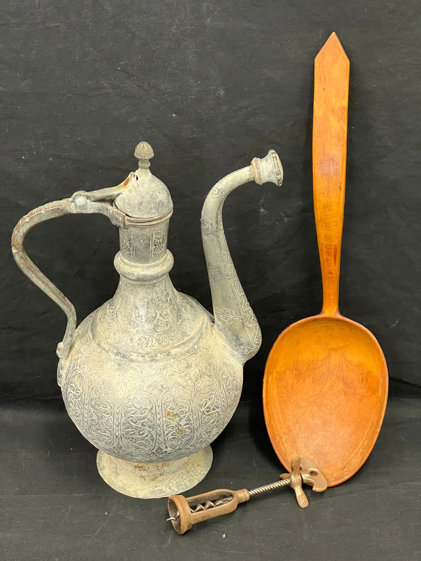 Asst Lot- Etched Metal Spout Pitcher, Treen Spoon, Opener- Scandanavian Etched Wooden Spoon, Old (1 of 8)