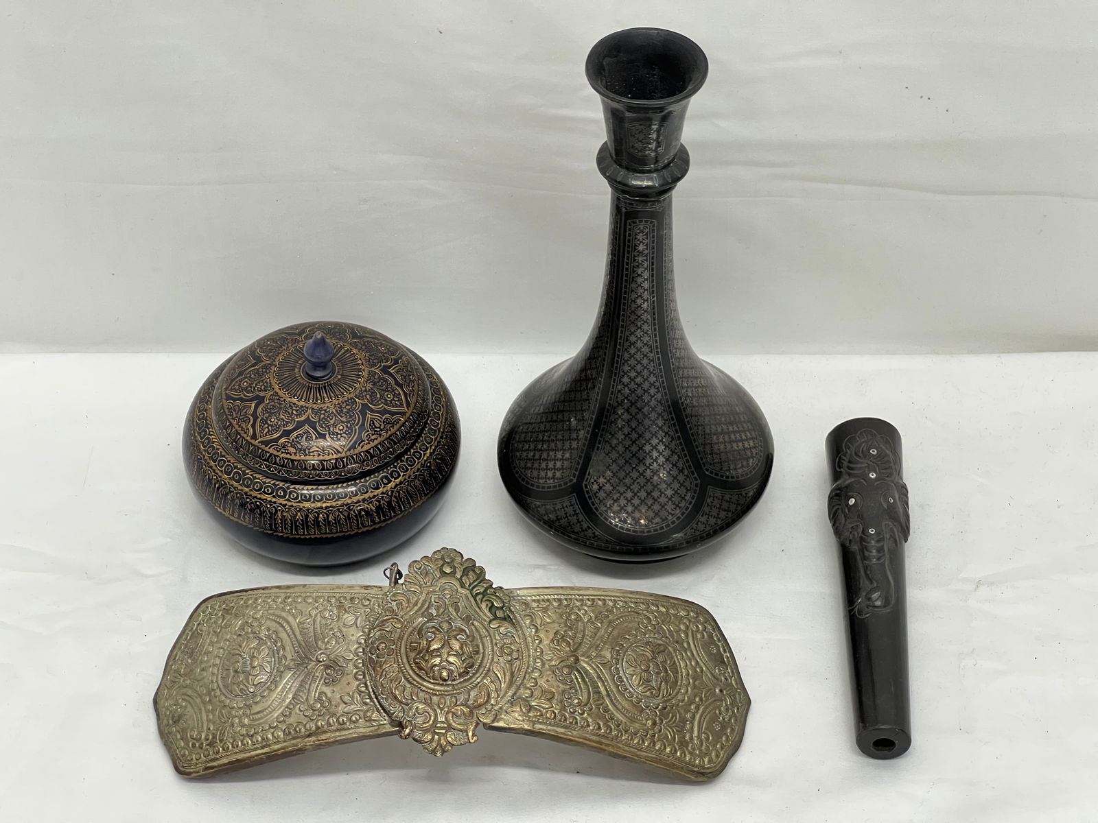 Atq Badri Vase, Buckle, Pipe + Box - Carved Pipe w/ Elephant Design, Atq Embossed Metal Buckle, (1 of 9)