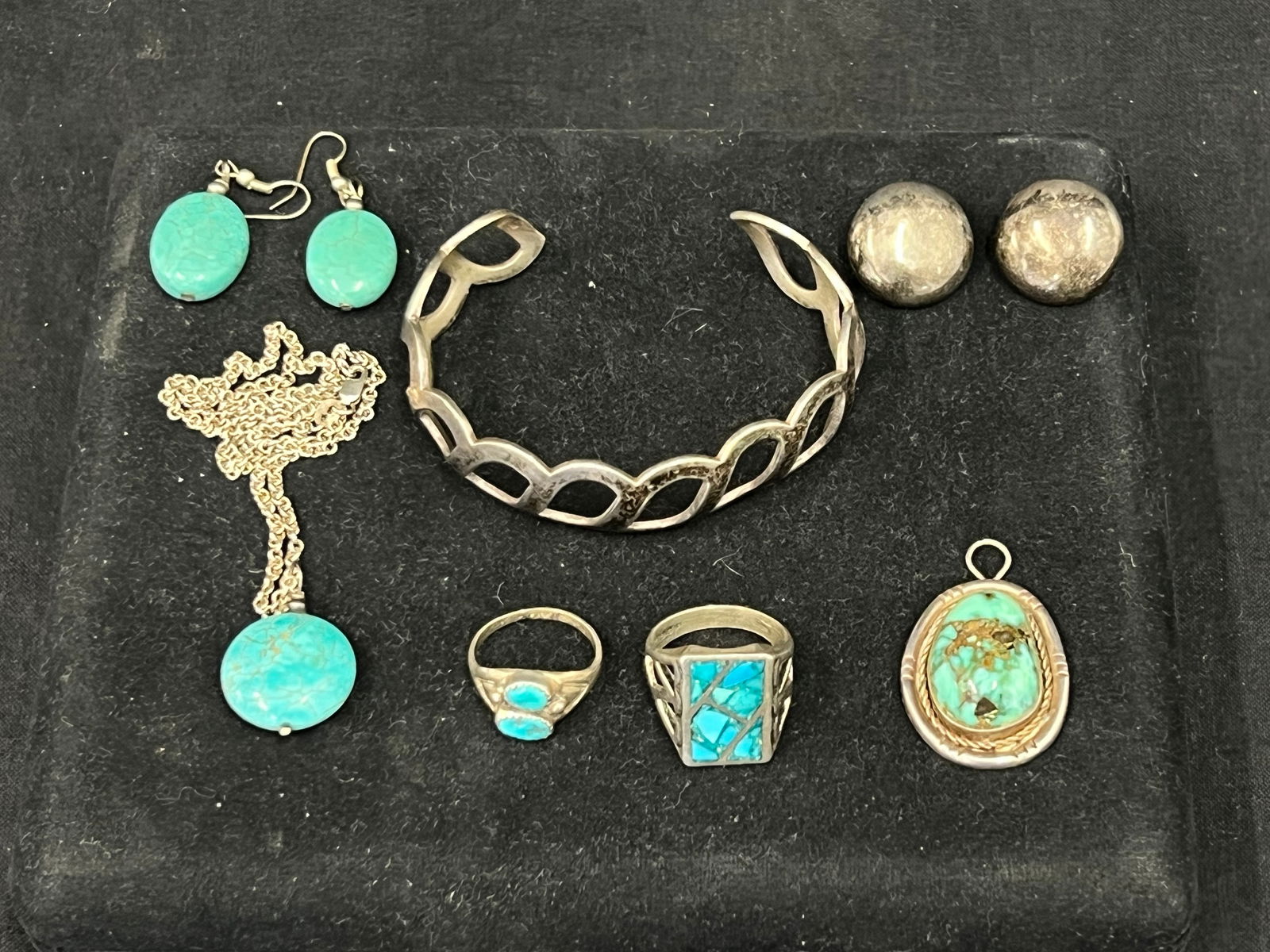 Vintage Sterling Silver & Turquoise Jewelry - Sterling Turquoise Pendant, (2)Rings w/ Heavy Sterling (1 of 10)
