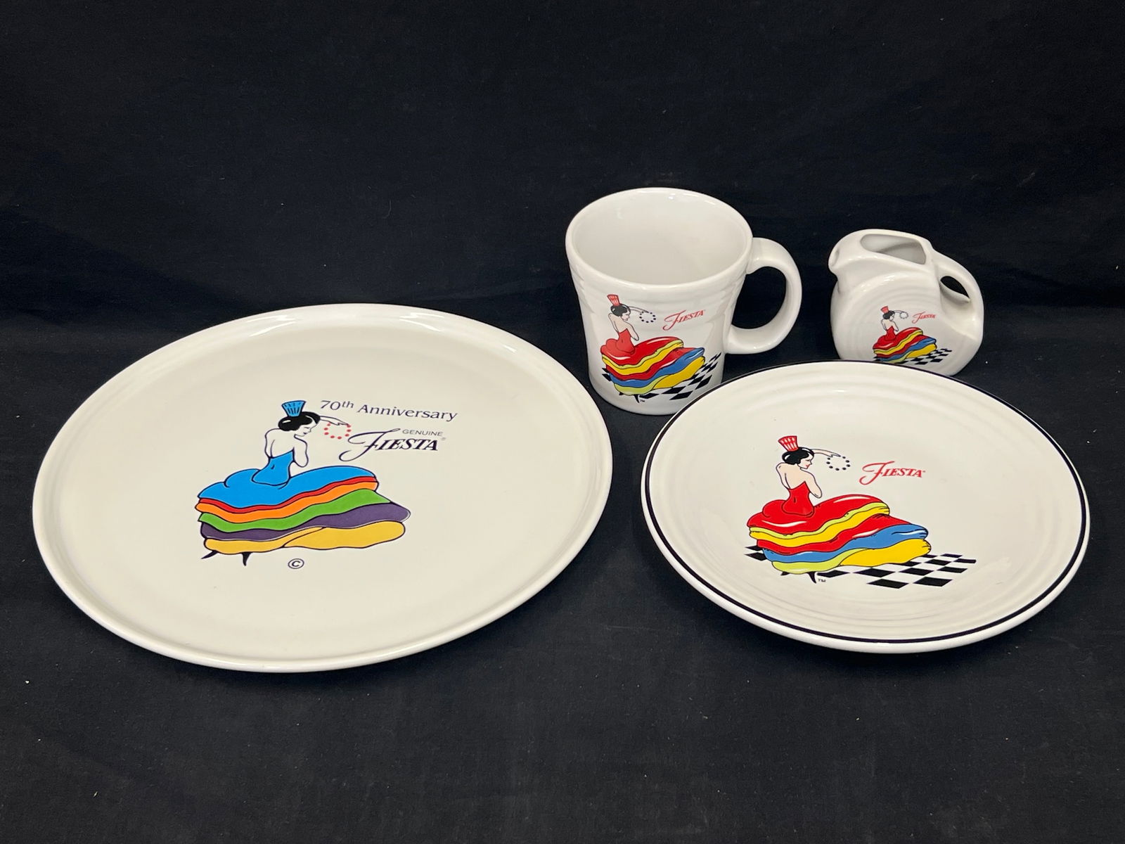 Fiesta Ware Spanish Dancing Lady 4pcs - Disk Creamer, Mug, 9'' Plate, 70th Anniversary Pizza Plate (1 of 8)