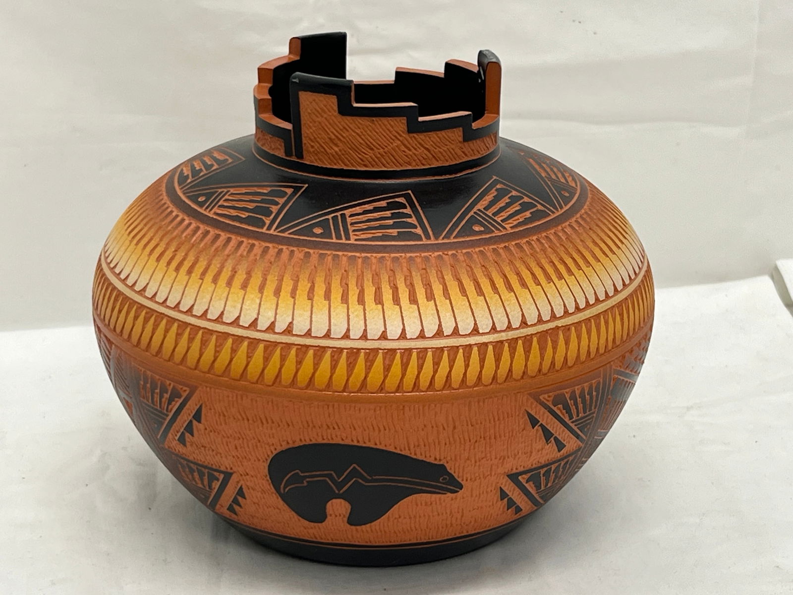 JR Diane Aragon Laguna Pueblo Vase w/ Bear - Signed & Dated 2011 on Bottom - Etched Pot w/ Bear (1 of 4)