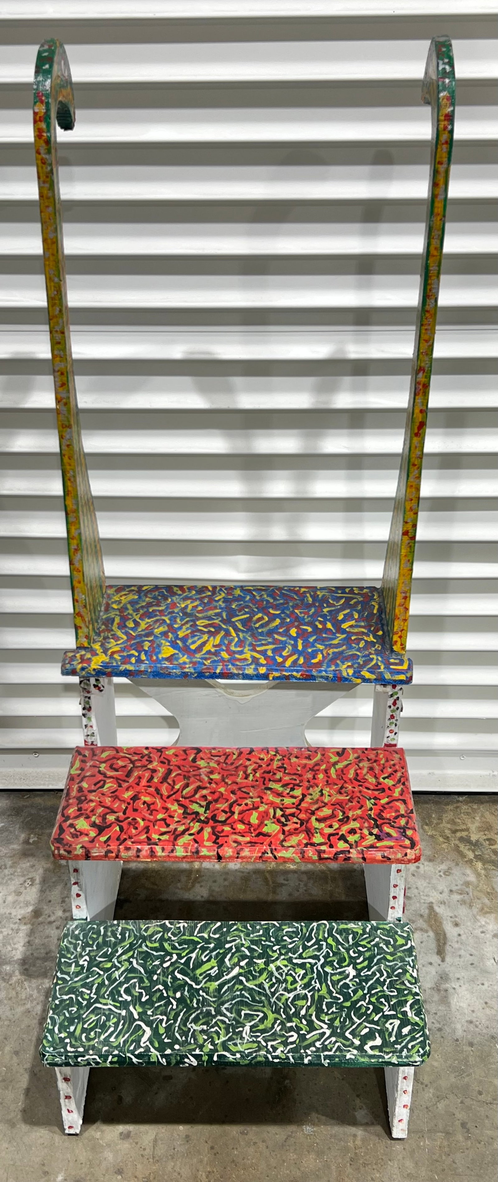 Signed Outsider Art Step Stool 18'' x 21'' x 48'': Signed Outsider Art Step Stool 18'' x 21'' x 48''