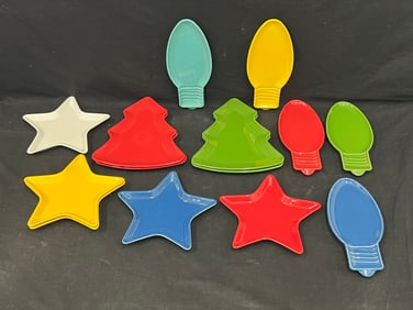 14pcs Fiesta Pottery Christmas Dishes - (4)Christmas Tree Dishes 9'' x 10'' , (5)Star Dishes 9'' x