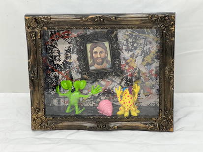David Gilhooly 1997 Signed Alien Shadow Box Art - Titled ''Aliens Find Jesus in a Jackson Pollock'': David Gilhooly 1997 Signed Alien Shadow Box Art - Titled ''Aliens Find Jesus in a Jackson Pollock'' , Signed Dated on Back - Framed 9.25'' x 4.5'' x 11.25''