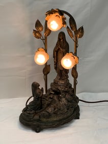 Antique French Lady of Lourdes Lamp & Music - Virgin Mary 3 Bulb Light w/ Music Box 14''T