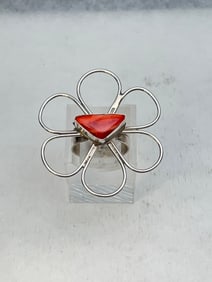 Darlene Begay Signed Sterling Coral Navajo Ring - Sterling Darlene Begay Navajo Jeweler Flower Ring