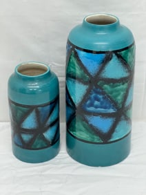 (2)Italy Pottery Vases Turquoise Glaze - (1)12.5''T , (1)8''T