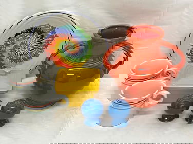 7pcs Fiesta Ware Pottery - Millennium Double Handled Vase, Tye Dye Plate, Covered Dish, Salt Pepper,