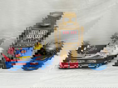 Vintage Tin Space- Robot, Boat + Bank - Universe Boat Lights Up + Moves, Space Metal + Tin Bank +
