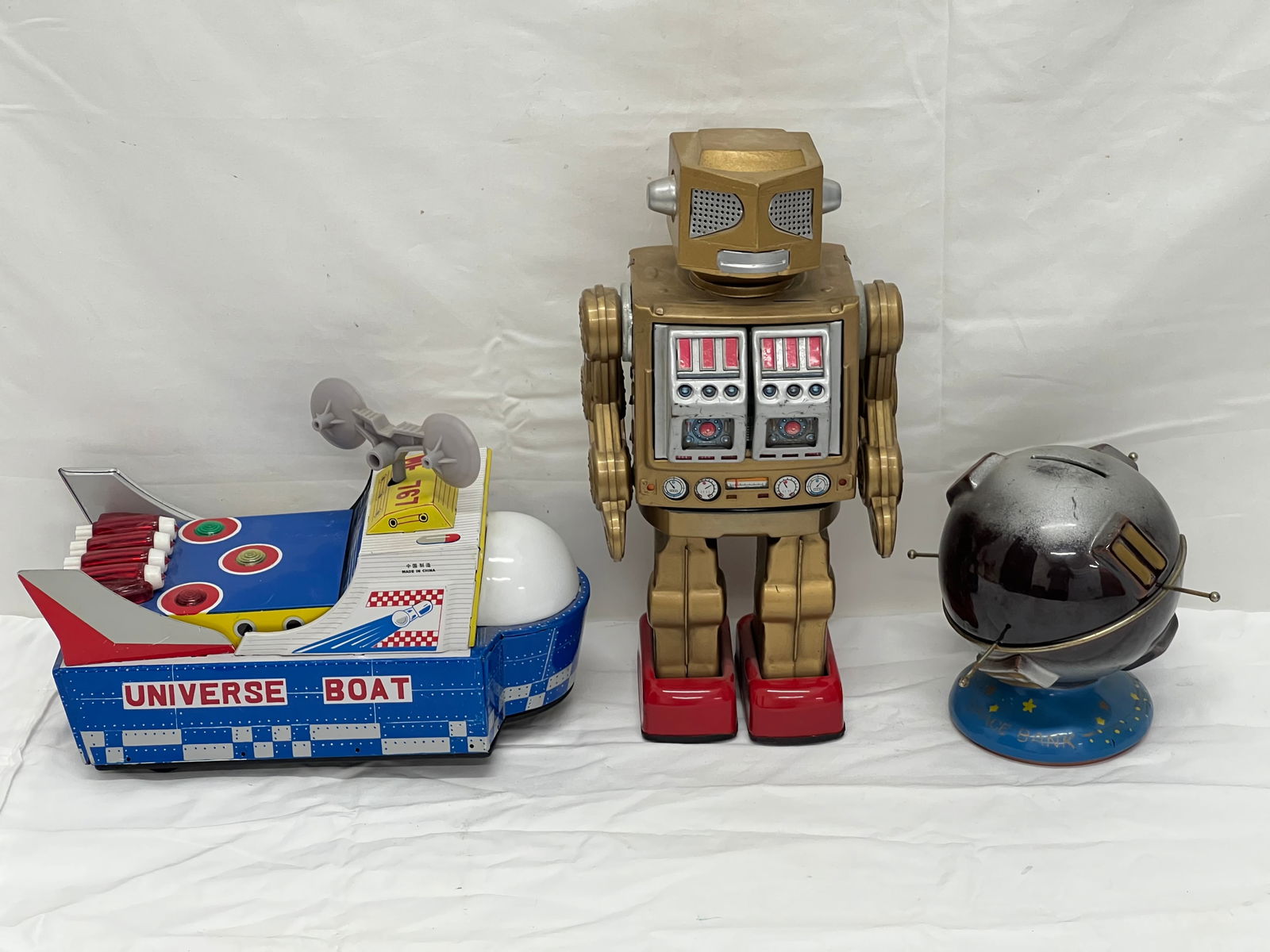 Vintage Tin Space- Robot, Boat + Bank - Universe Boat Lights Up + Moves, Space Metal + Tin Bank + (1 of 15)