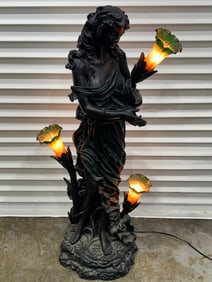 Deco Figural Lady Floor Lamp by Cote 44''T - Woman Holding Flower Shade - Composite w/ 3 Art Glass