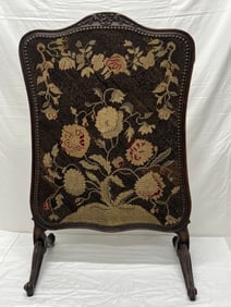 Antique Handwoven Needlepoint Fire Screen 22.5'' x 36'' - Wooden Footed Fire Screen