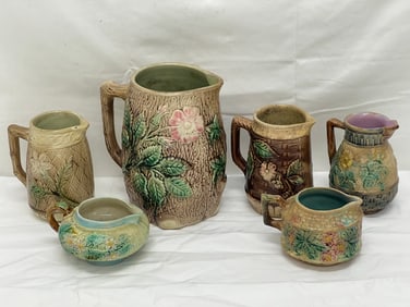 6pcs - English Majolica - Pitcher, Creamers (See Photos For Condition)