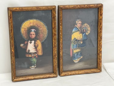 Pr Antique Handpainted Chinese Photograviers - Framed w/ Info on Back - 6.25'' x 9.75''