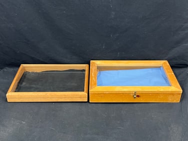 (2)Wooden Glass Top Table Display Cases - (1)12'' x 18'' x 3'' , (1)11.75'' x 15.75'' x 2''