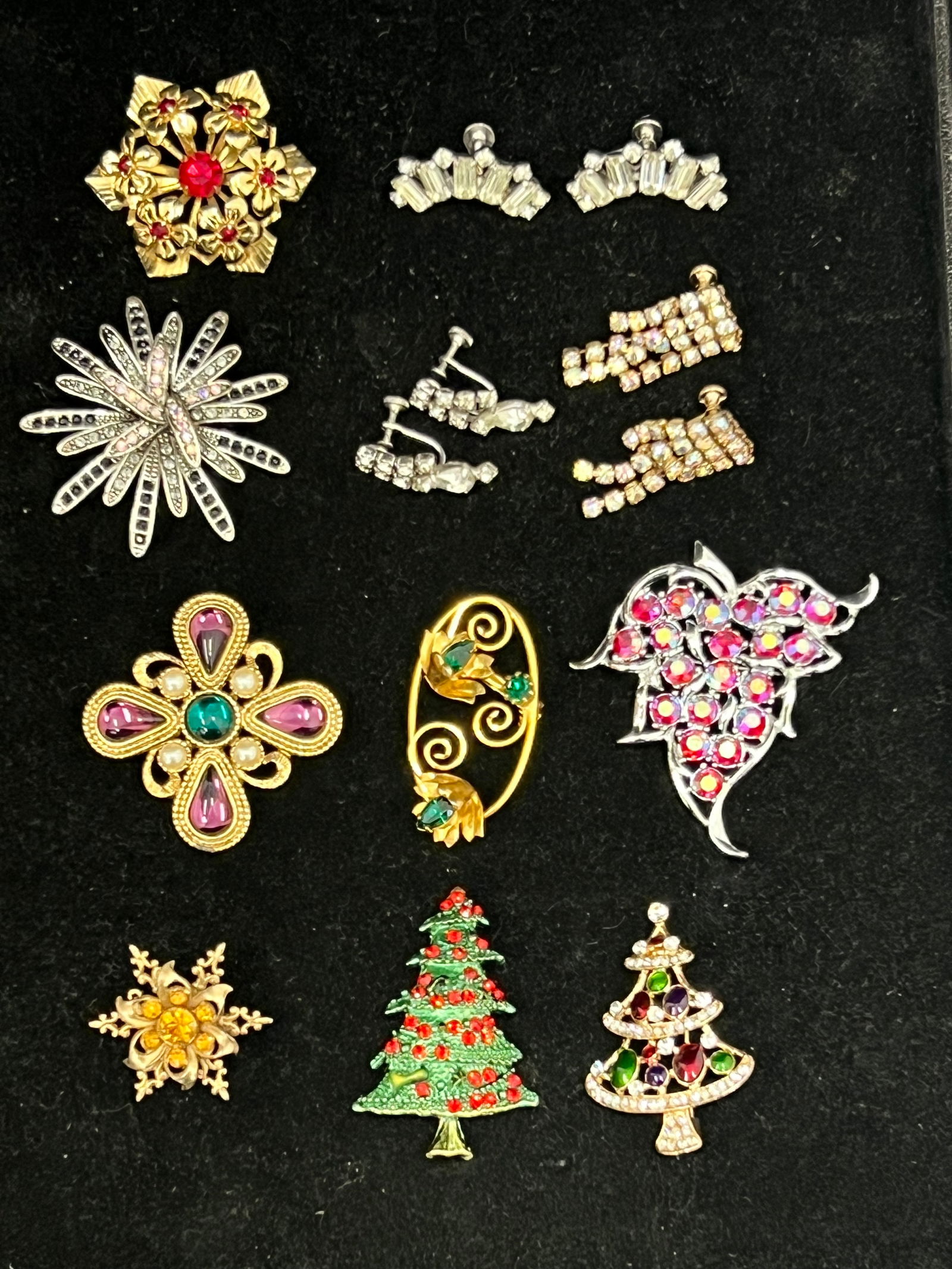 Rhinestone Brooches + Earrings - (11)Total - Starburst Pin, Christmas Trees, Screwback Earrings + (1 of 4)