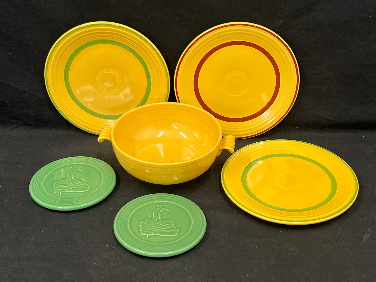 Vintage Ginuine Fiesta Stripe Plates, Vtg Bowl, Trivets - (3)Yellow Stripe HL 9.5'' Plates, Vintage: Vintage Ginuine Fiesta Stripe Plates, Vtg Bowl, Trivets - (3)Yellow Stripe HL 9.5'' Plates, Vintage Pedestal Bowl / Casserole (No Lid), (2)Newer Dancing Lady Trivets