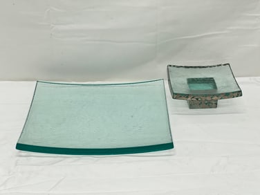 (2)Annie Glass Signed Pieces -  (1)Pedestal Dish 5'' x 5'' x 2'' + (1) Slab Tray 10'' x 10'' x
