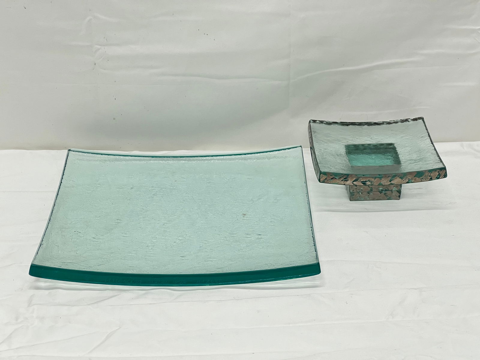 (2)Annie Glass Signed Pieces - (1)Pedestal Dish 5'' x 5'' x 2'' + (1) Slab Tray 10'' x 10'' x