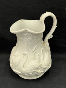 19thC Parian ware Relief Pitcher w/ Swans - Swan Handled Parian ware Pitcher
