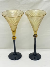 Pr. Rick Strini Iridescent Signed Goblet Stemware - Black Stem w/ Iridescent Flared Tops 4.75'' x