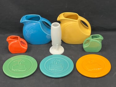 8pcs Fiesta Homer Laughlin Pottery - (2)Disk Juice Pitchers, (2)Disk Creamers, (3)Dancing Lady