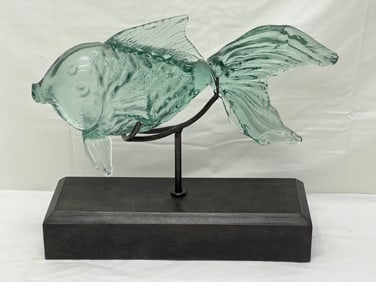 Palecek Glass Fish on Stand - Fish 15.5''L x 7'' - Wood Stand 13.25''